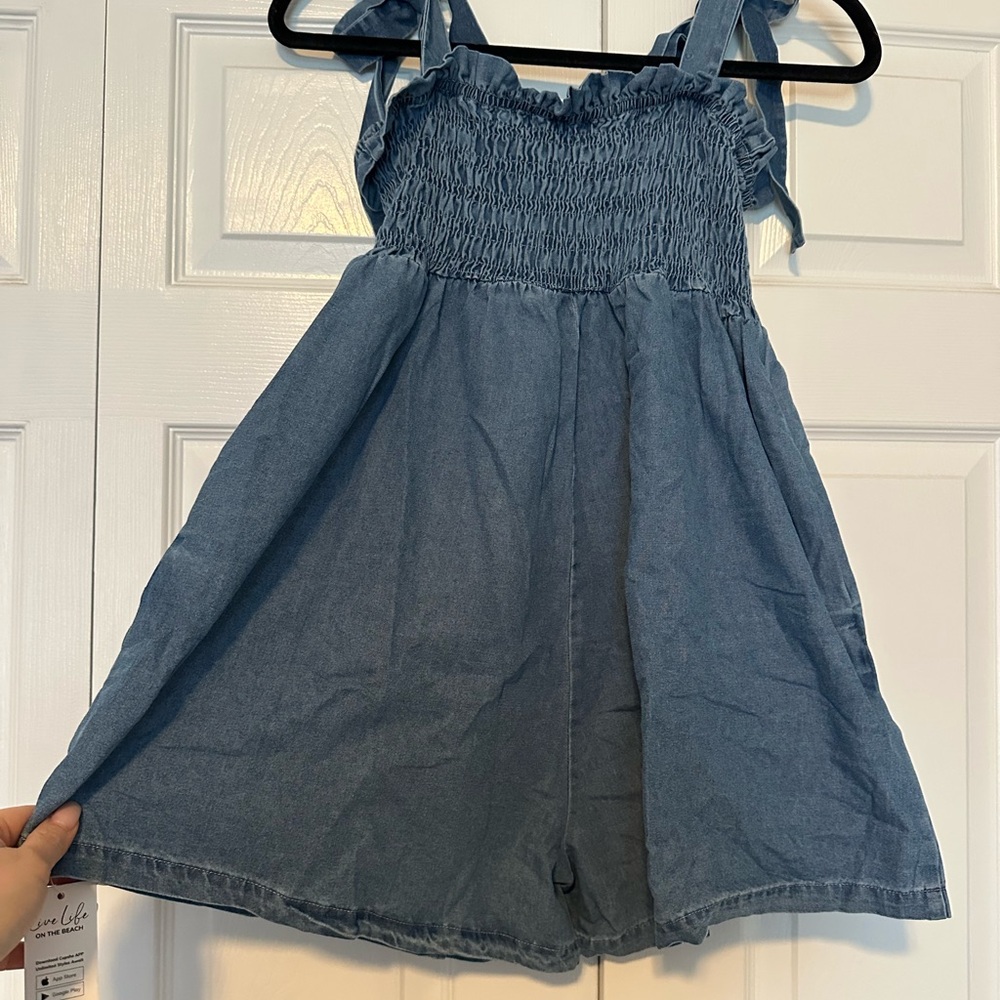 Blue Denim Romper with Smocked Bodice